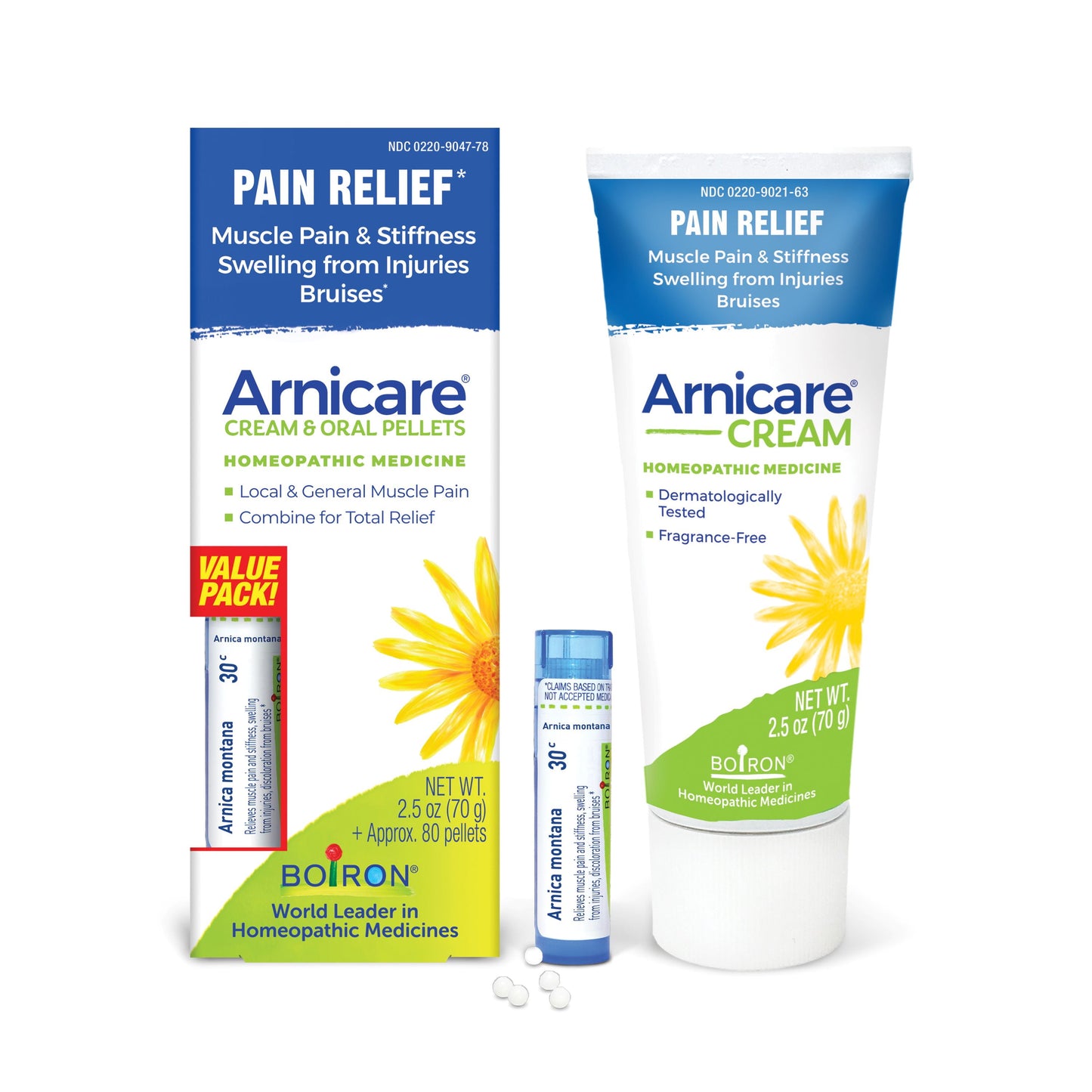 Cream & Arnica Montana 30C, Homeopathic Medicine for Pain Relief, Muscle Pain & Stiffness, Swelling from Injuries, Bruises, 2.5 Oz Cream and 80 Pellets Value Pack