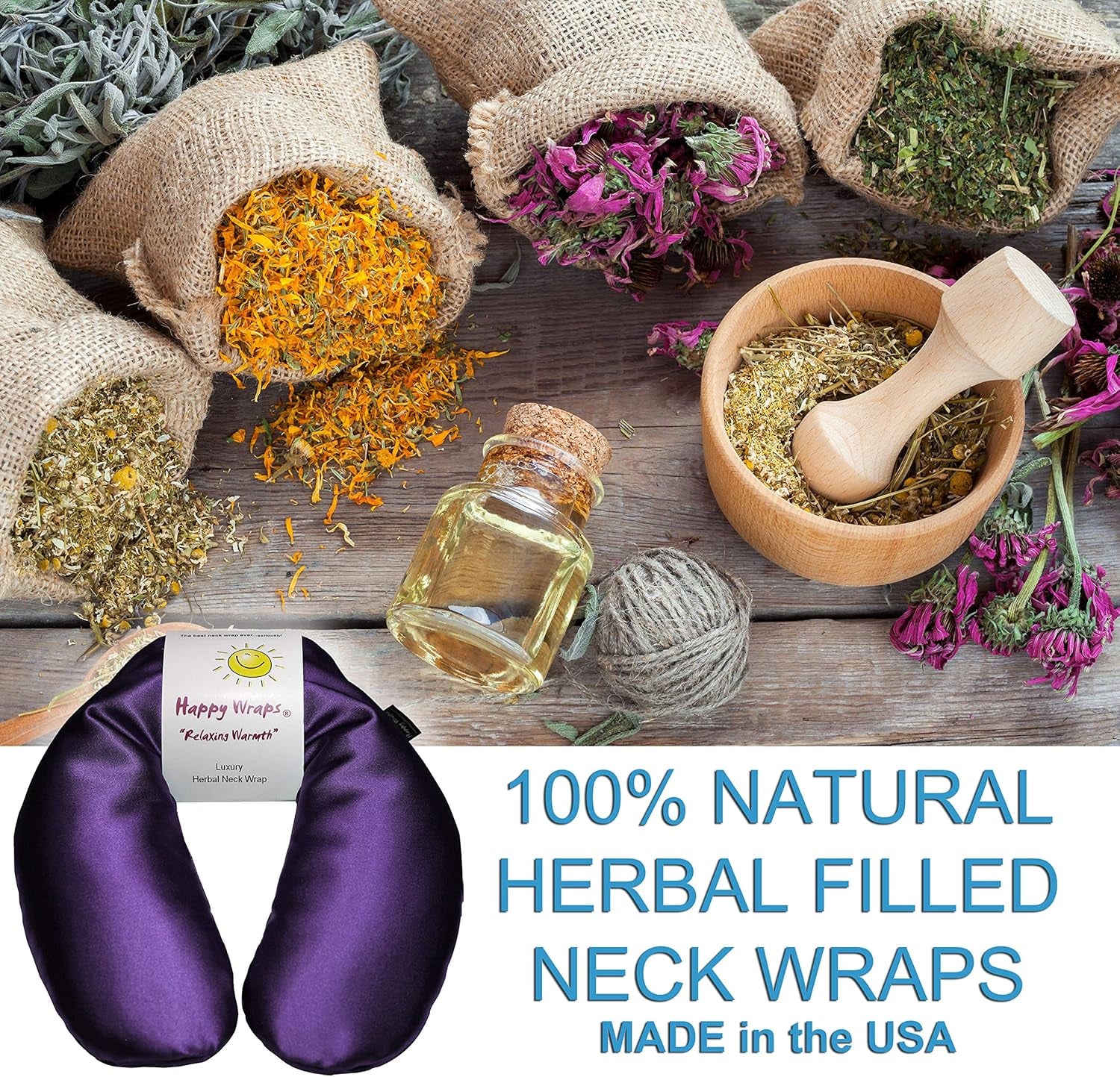 Microwavable Herbal Neck Wrap - Hot Cold Aromatherapy Neck Warming Pillow - Heating Pad for Migraines, Stress, Gifts for Women, Birthdays, Christmas and Free Sleep Mask - Amethyst Satin