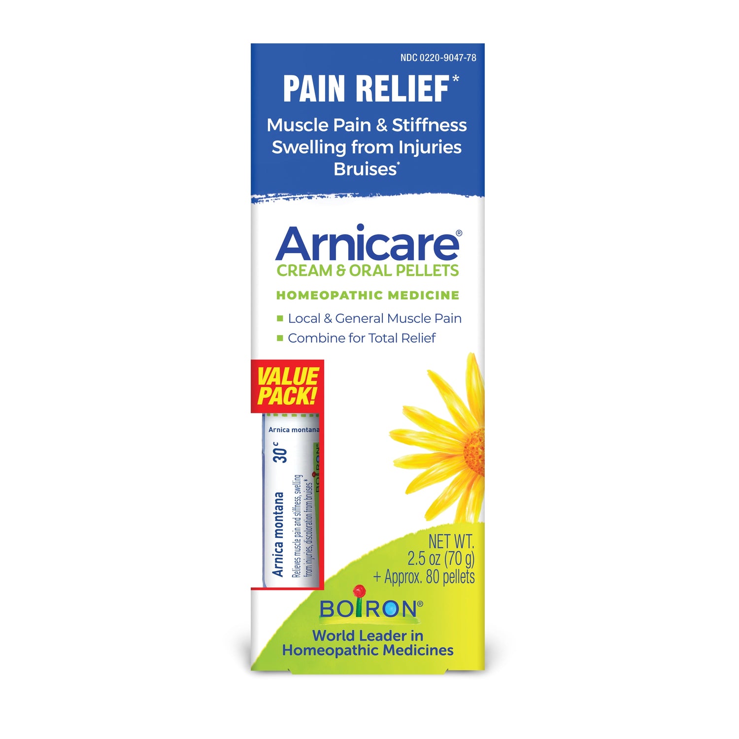 Cream & Arnica Montana 30C, Homeopathic Medicine for Pain Relief, Muscle Pain & Stiffness, Swelling from Injuries, Bruises, 2.5 Oz Cream and 80 Pellets Value Pack